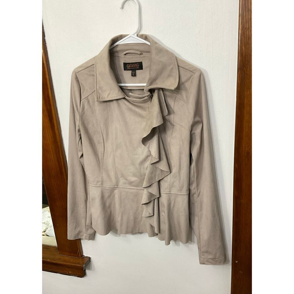 Shyanne Women's Ruffle Faux Suede Moto Jacket Front Zip Size Small Stretch - Picture 2 of 6